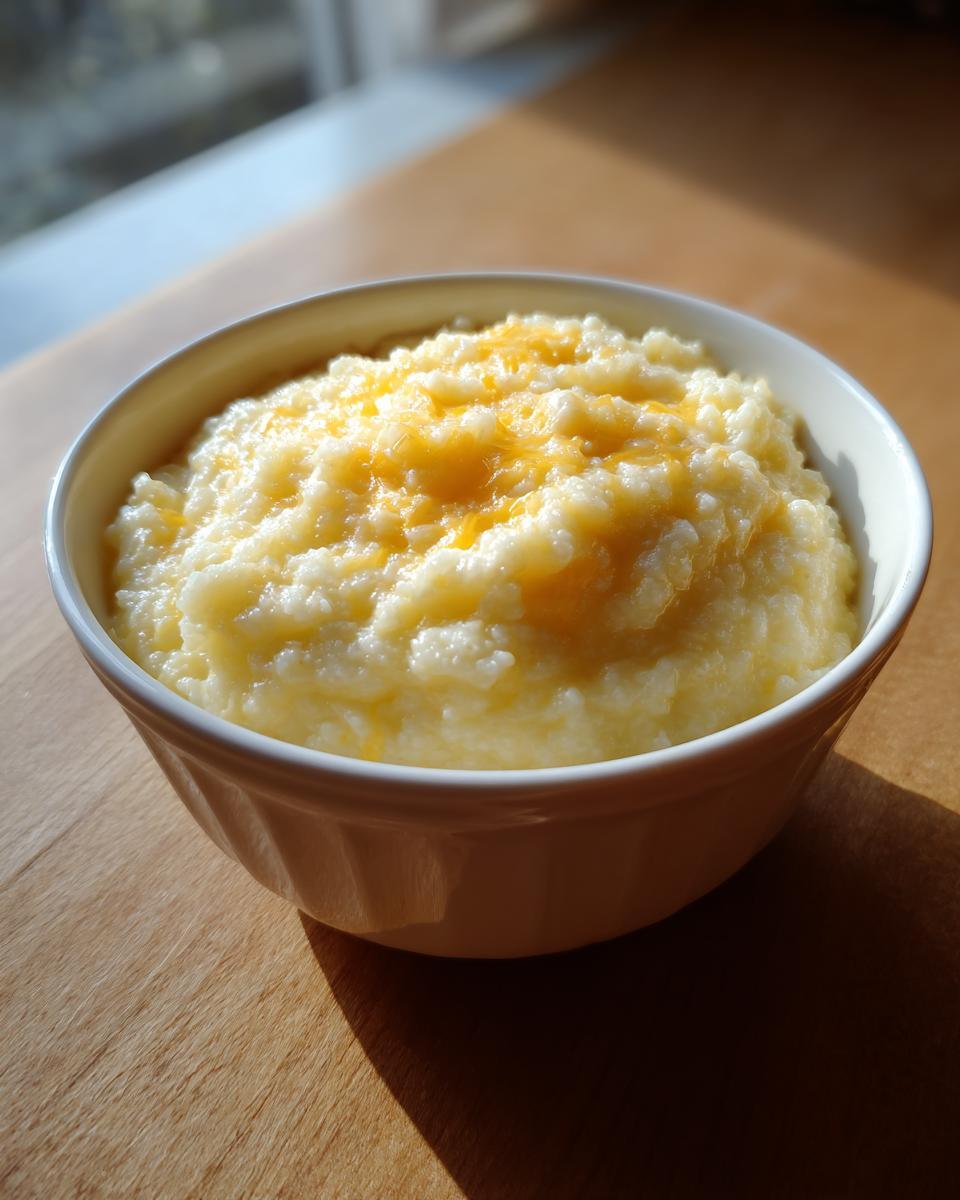 A white bowl filled with creamy cheese grits topped with melted yellow cheddar cheese.