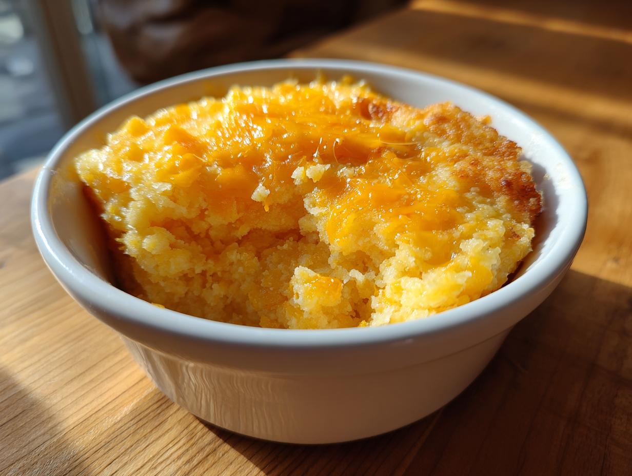 Close-up of creamy, yellow cheese grits topped with melted cheddar cheese in a white bowl.