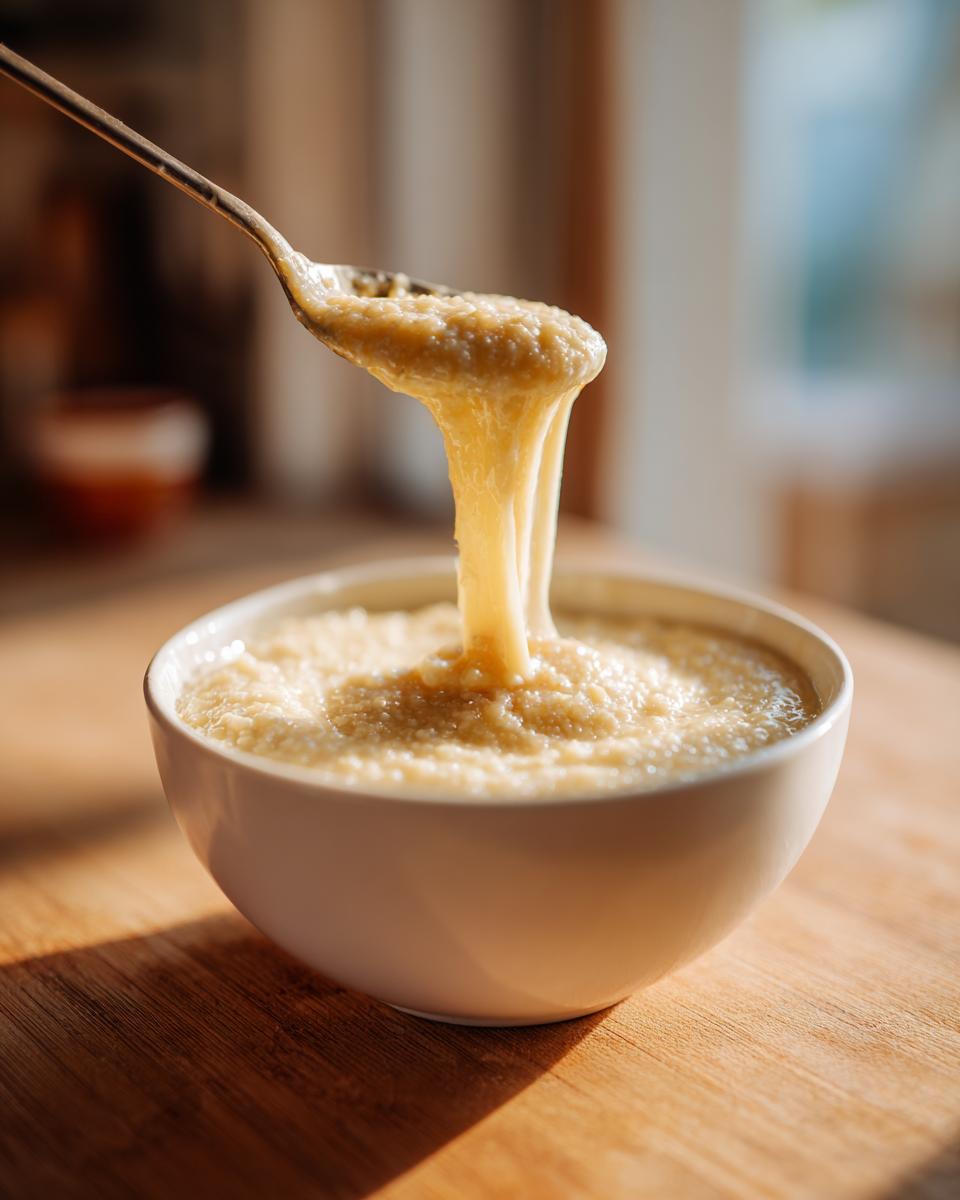 A spoonful of creamy, stretchy cheese grits being lifted from a white bowl sitting on a wooden surface.