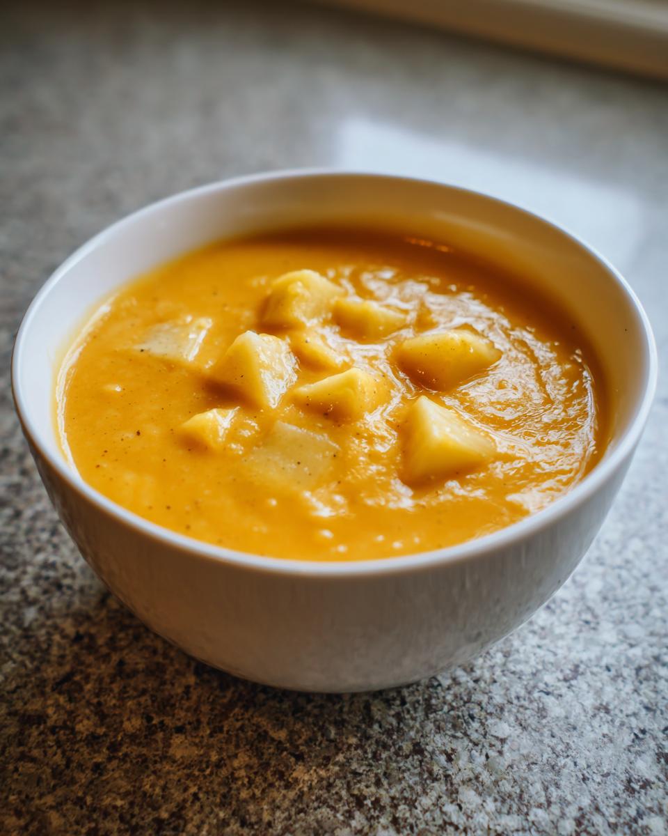 A close-up of a white bowl filled with vibrant orange, creamy cheese soup topped with soft, cubed vegetables.