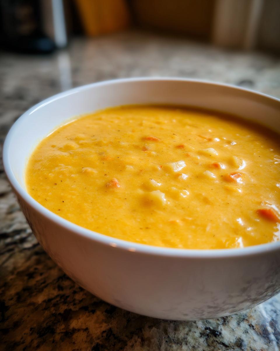 Close-up of a bowl filled with thick, creamy orange cheese soup containing visible chunks of vegetables.