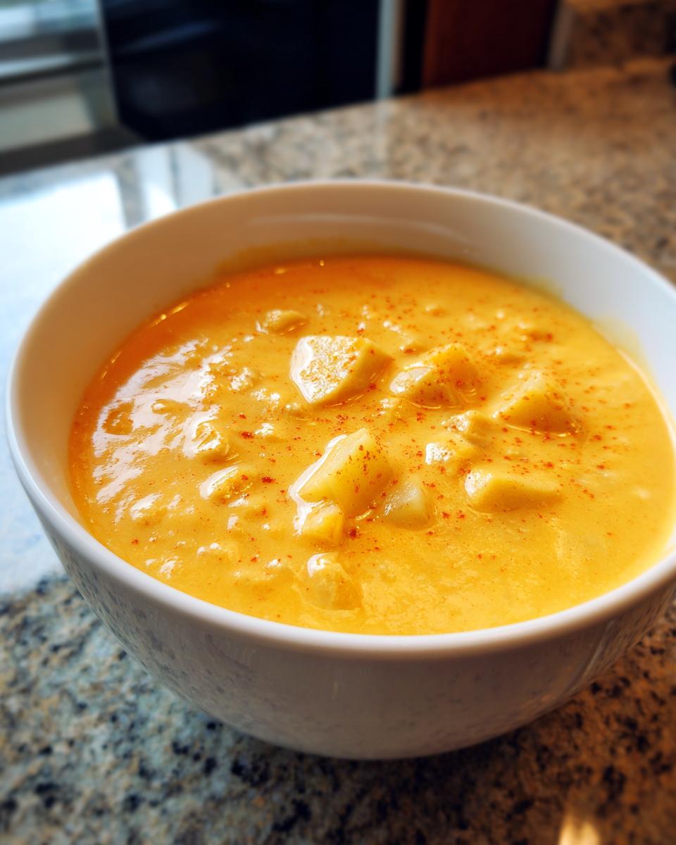 Close-up of a white bowl filled with vibrant orange creamy cheese soup, containing visible chunks of potato or vegetable, sprinkled with paprika.