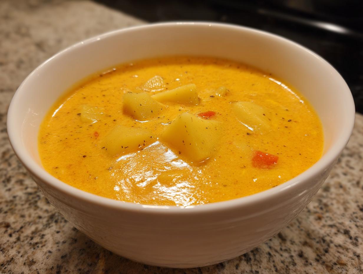 Close-up of a white bowl filled with creamy, orange-yellow cheese soup featuring chunks of potato.