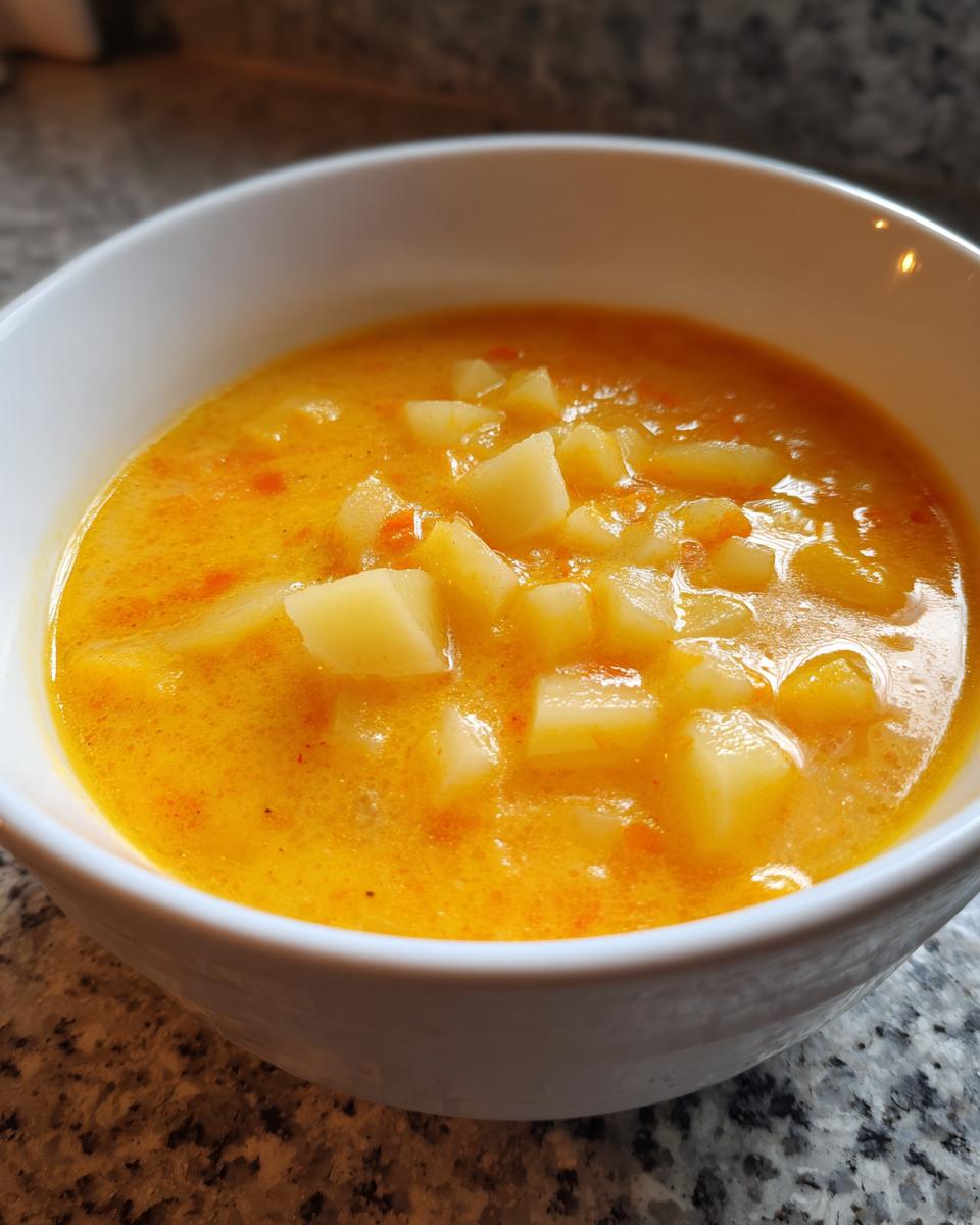 Close-up of a white bowl filled with vibrant orange, creamy cheese soup containing visible chunks of potato.