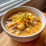 A close-up of a hearty bowl of cheeseburger soup, topped with shredded cheddar cheese and fresh chives.