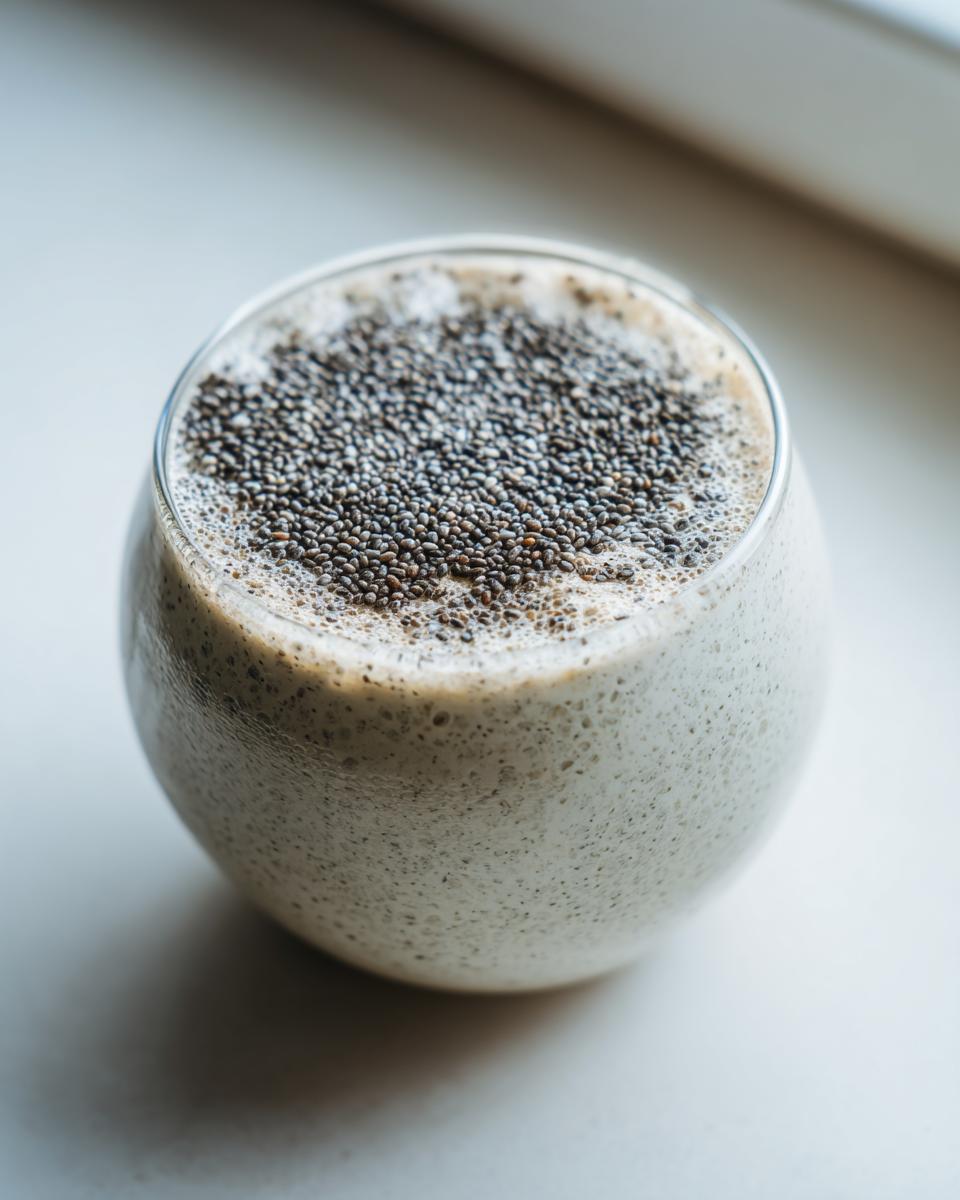 Close-up of creamy chia seed pudding in a glass, heavily topped with dry chia seeds.