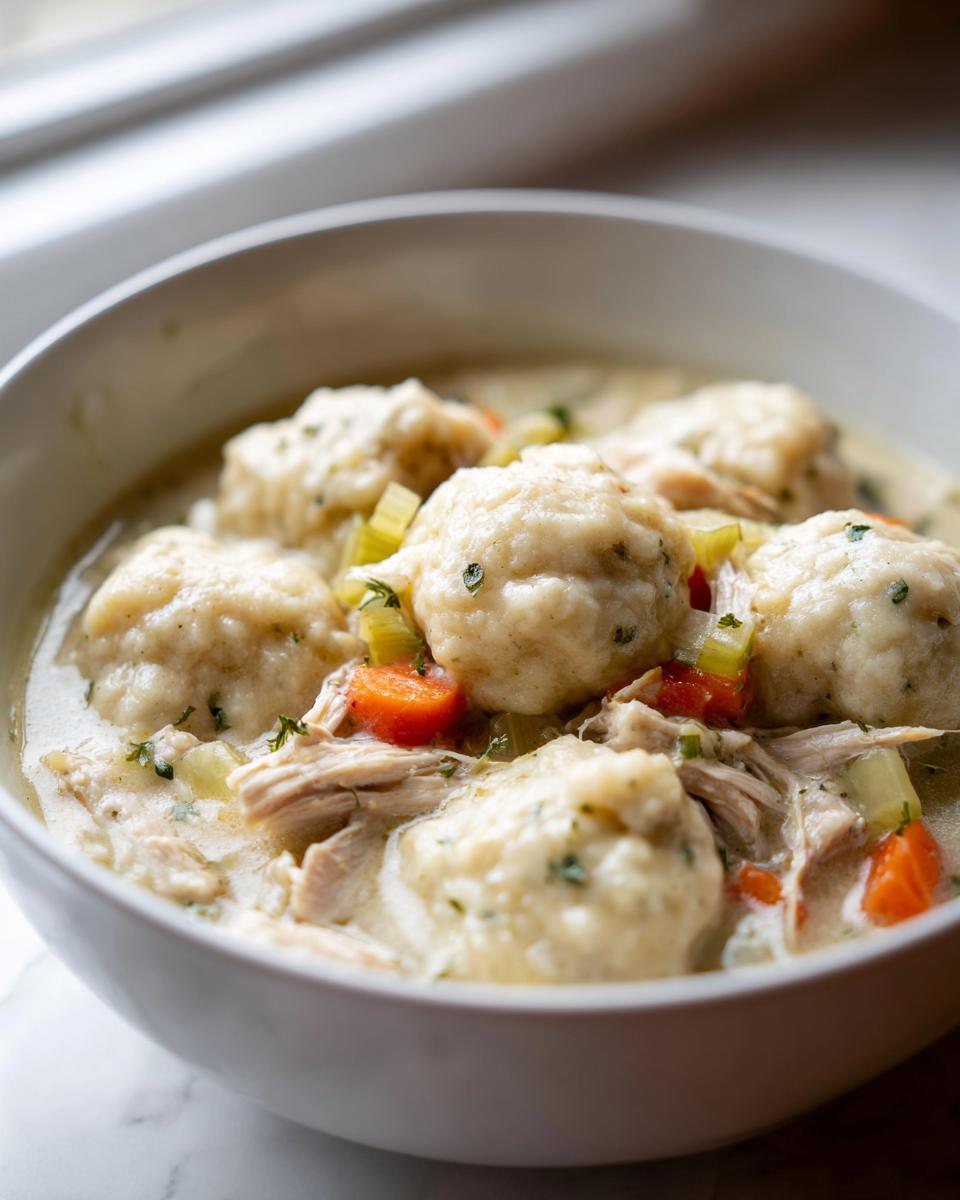 A close-up view of a hearty bowl of creamy chicken and dumpling, featuring fluffy dumplings, shredded chicken, carrots, and celery.