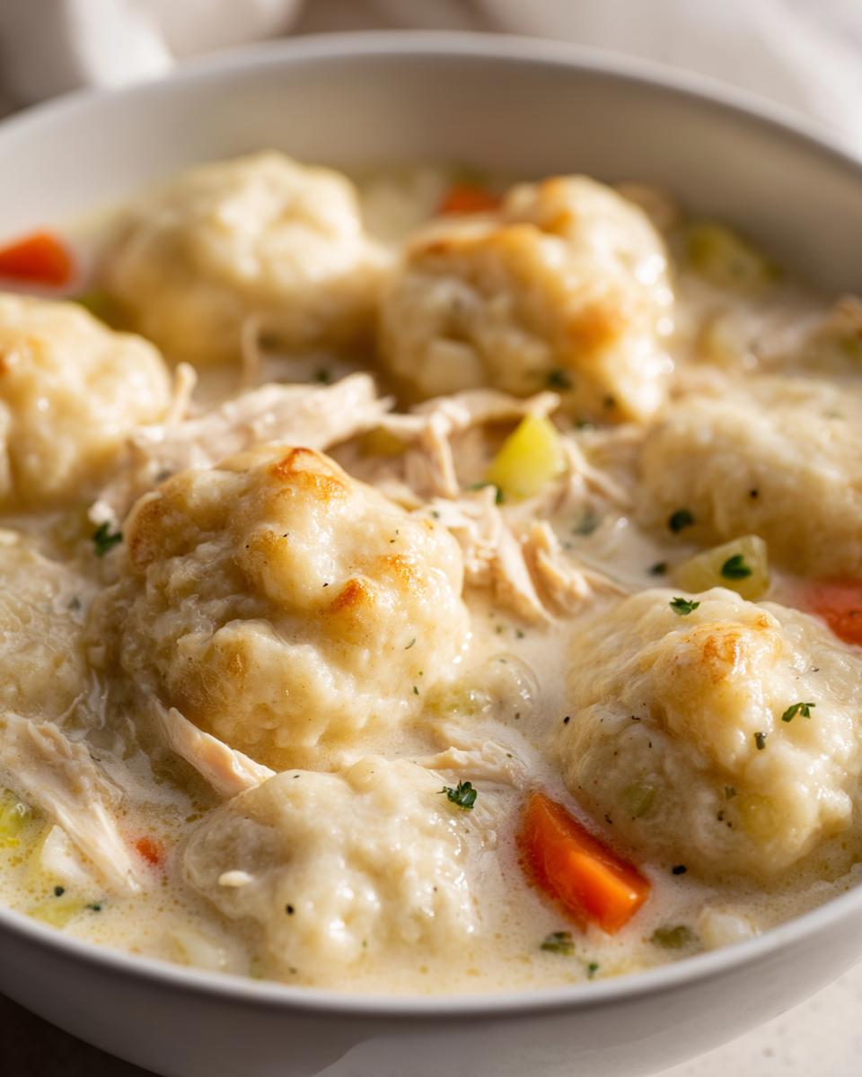 Close-up shot of fluffy dumplings and shredded chicken in a creamy broth, showcasing the amazing chicken and dumpling dish.