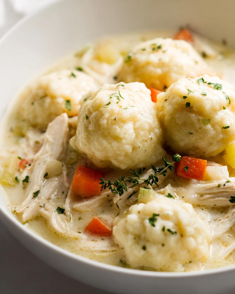 A close-up view of a bowl filled with creamy chicken and dumpling stew, featuring fluffy dumplings, shredded chicken, and diced carrots.