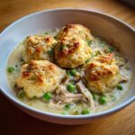 Close-up of creamy chicken and dumplings with biscuits, featuring shredded chicken, peas, and golden biscuit tops.