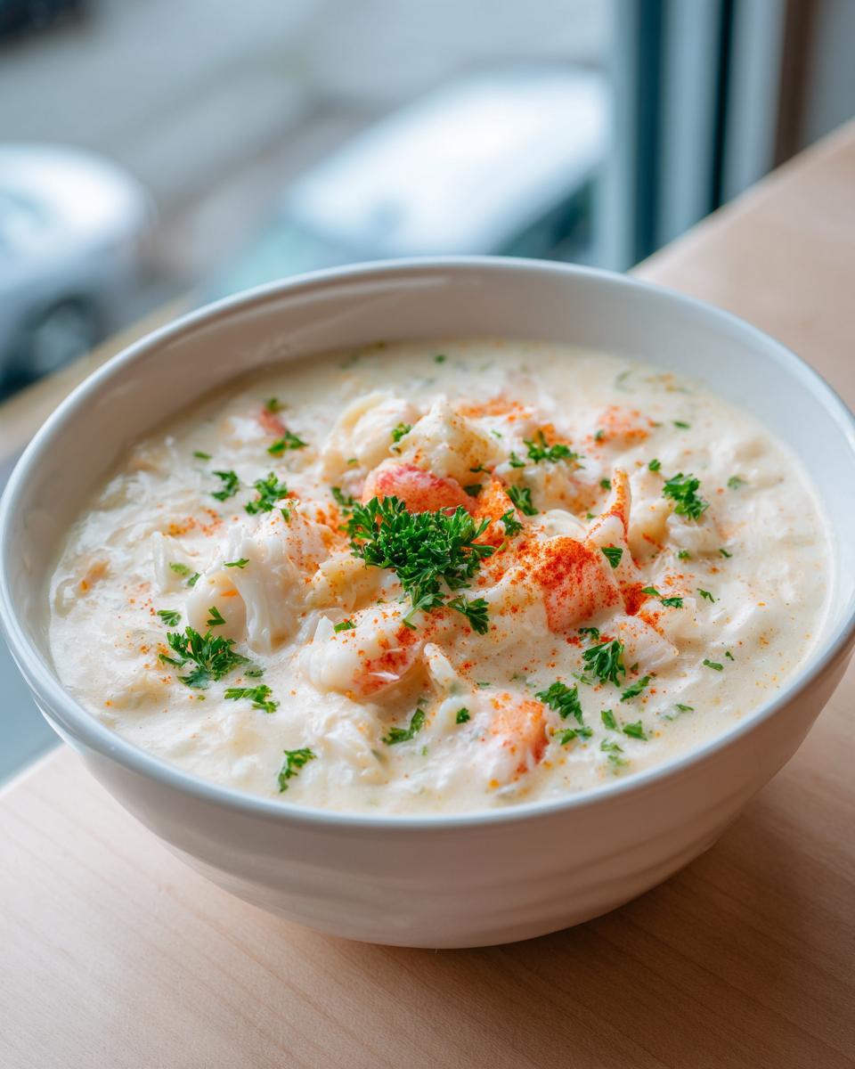 Close-up of a creamy bowl of crab soup topped with fresh parsley and paprika.