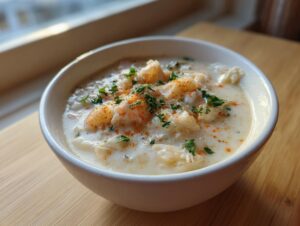 A close-up of a creamy bowl of crab soup, topped with visible crab meat, parsley, and paprika.
