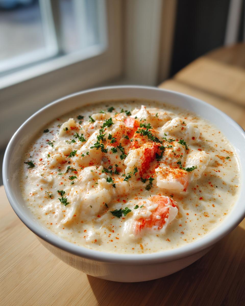 A close-up of a creamy bowl of crab soup, topped with visible chunks of crab meat, parsley, and paprika.