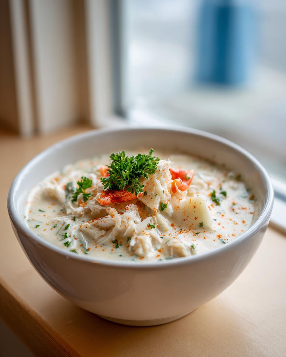 A close-up of a white bowl filled with creamy crab soup, topped with fresh crab meat, parsley, and paprika.