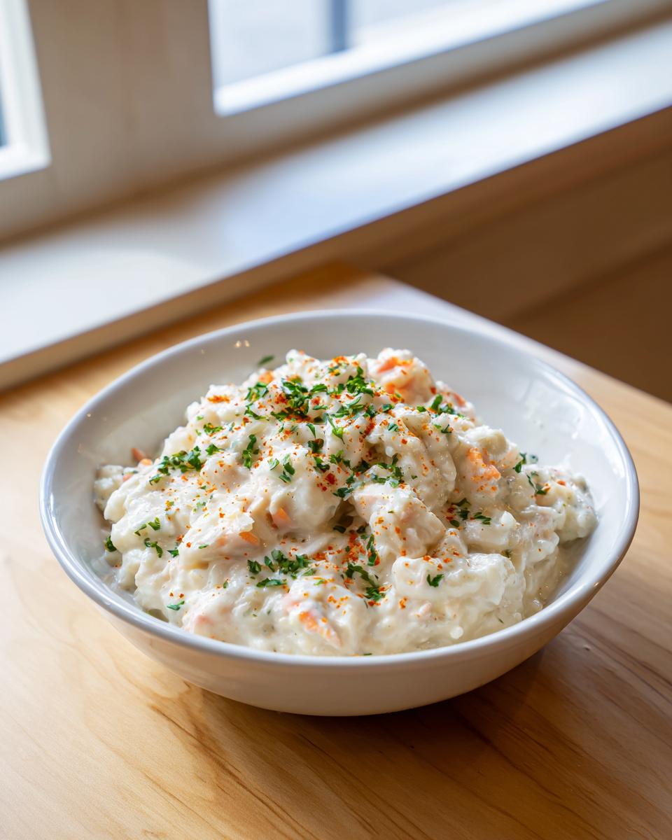 A creamy bowl of rich, white crab soup garnished with paprika and fresh parsley.