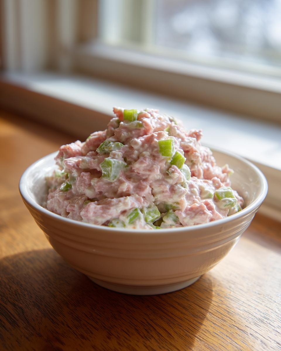 A close-up of a white bowl filled with creamy ham salad recipe mixed with bright green chopped celery, set on a wooden table.
