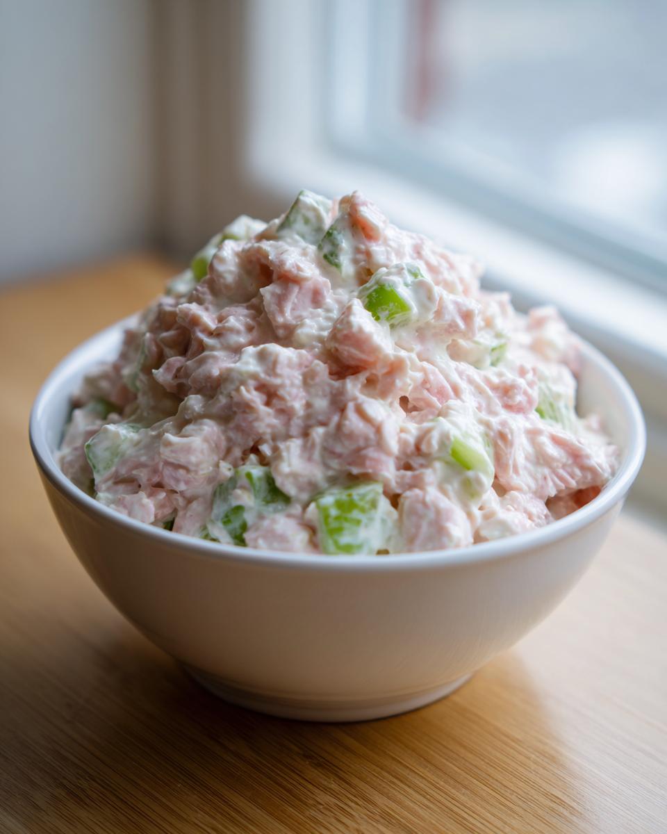 A generous serving of creamy ham salad recipe mixed with chopped celery, presented in a white bowl.