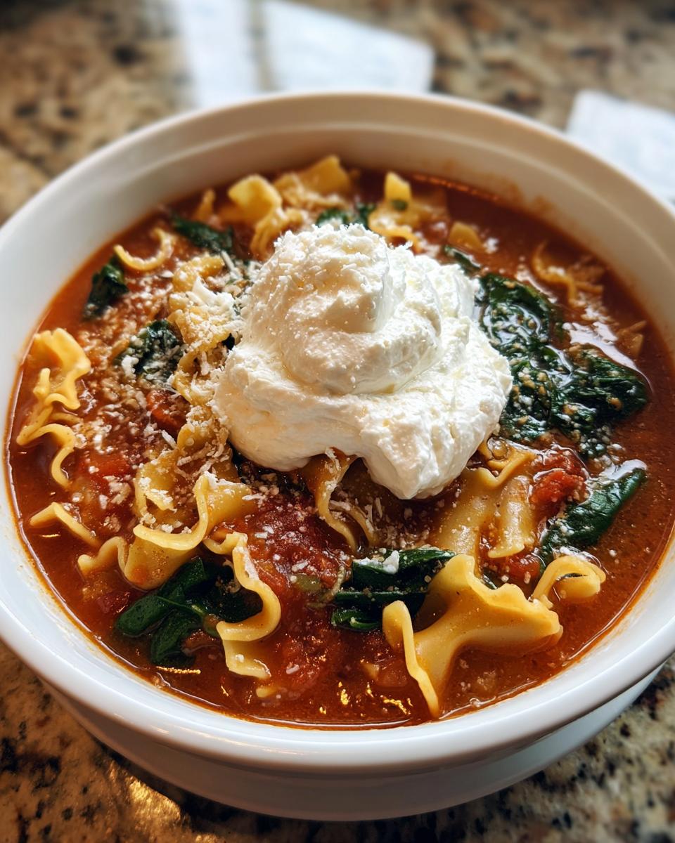 A close-up of a white bowl filled with rich, tomato-based creamy lasagna soup, topped with ricotta cheese and pasta.