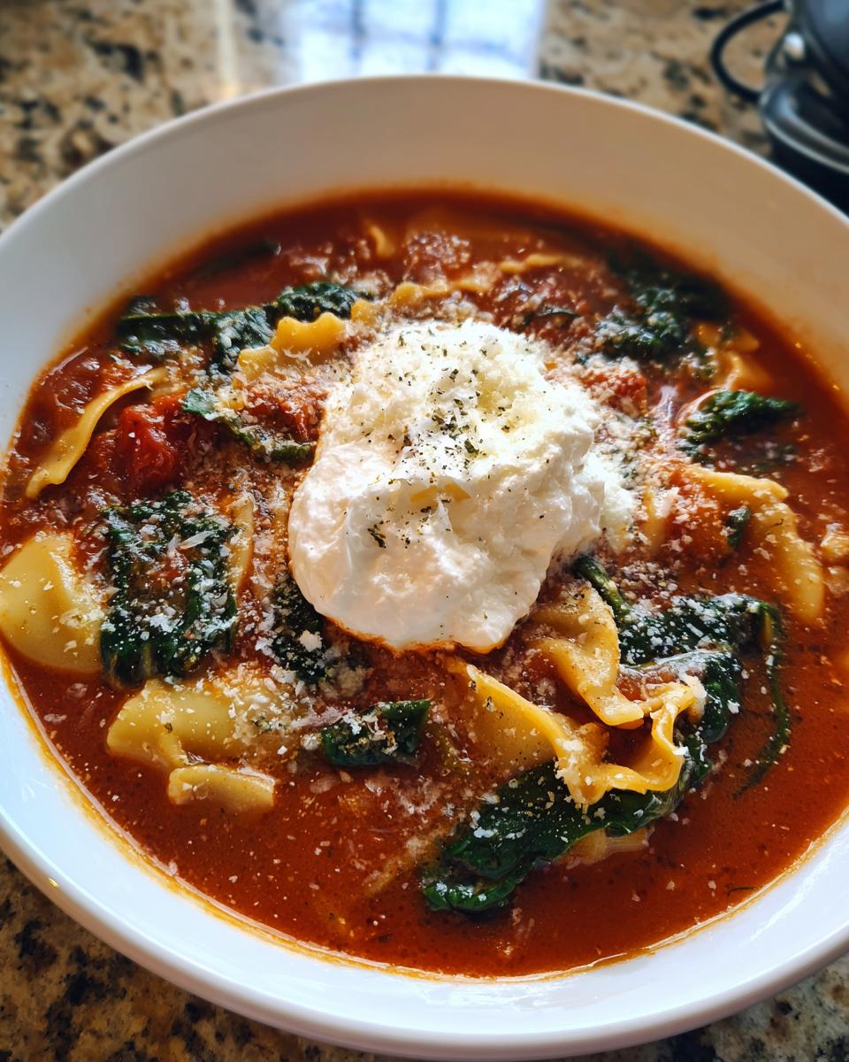 Close-up of a bowl of rich, red creamy lasagna soup featuring pasta pieces, spinach, and a large dollop of ricotta cheese.
