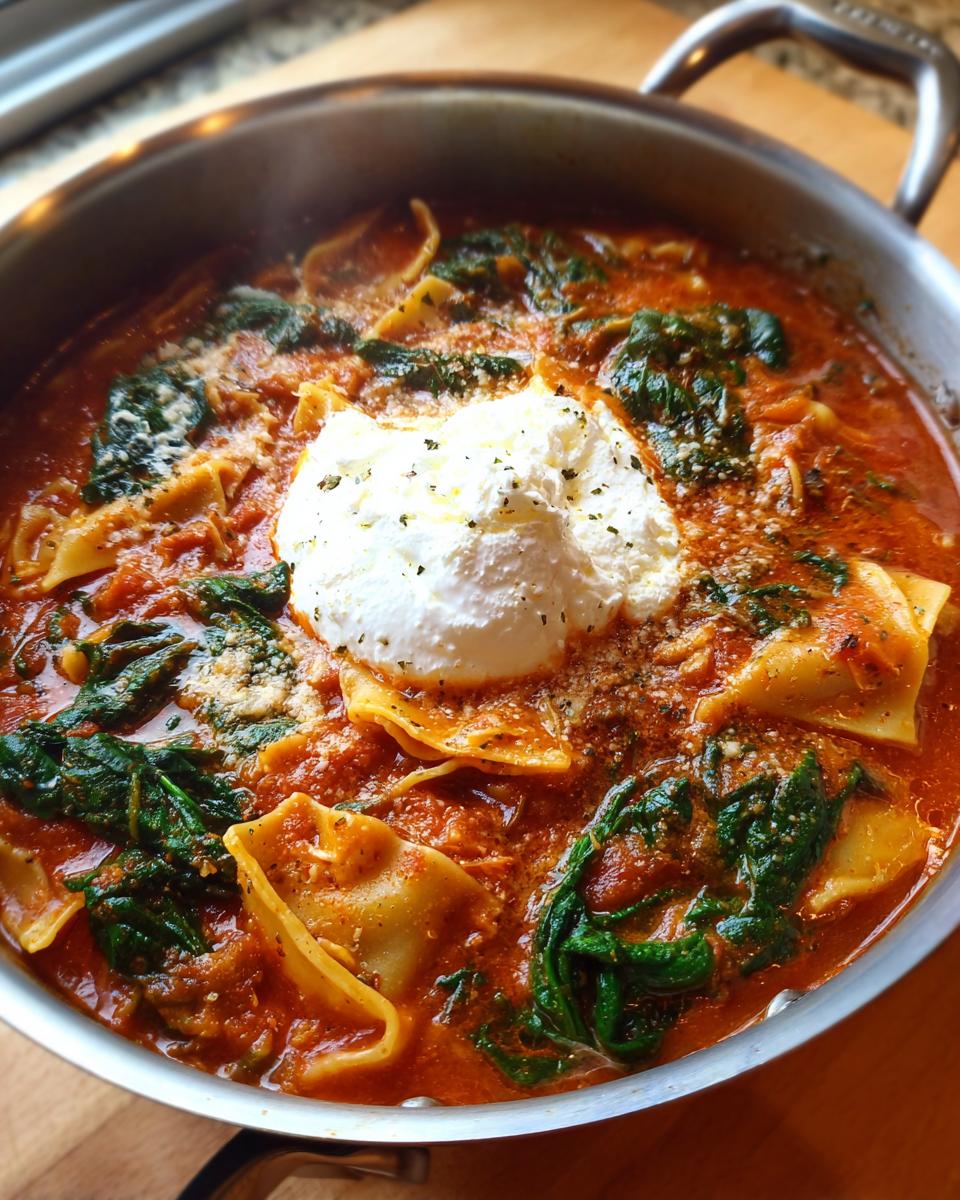 Close-up of creamy lasagna soup in a pot, featuring pasta pieces, spinach, tomato broth, and a large dollop of ricotta cheese.