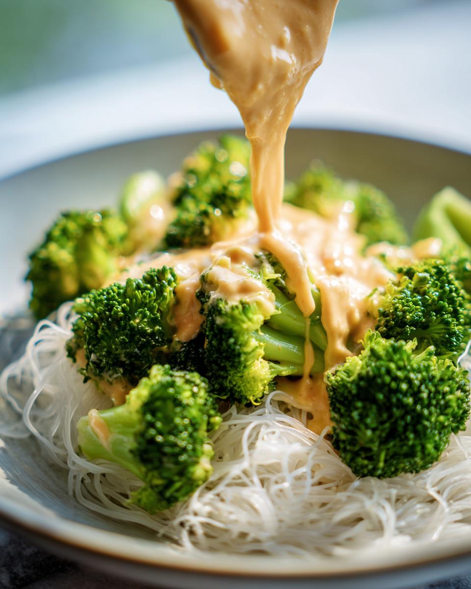 Close-up of creamy peanut sauce being poured over bright green broccoli florets served on a bed of white rice noodles.