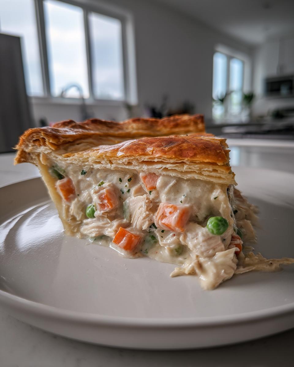 A close-up of a slice of turkey pot pie recipe showing creamy filling, shredded turkey, carrots, and peas under a golden flaky crust.