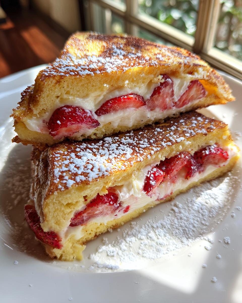 Two halves of creamy strawberry stuffed french toast stacked and dusted with powdered sugar.