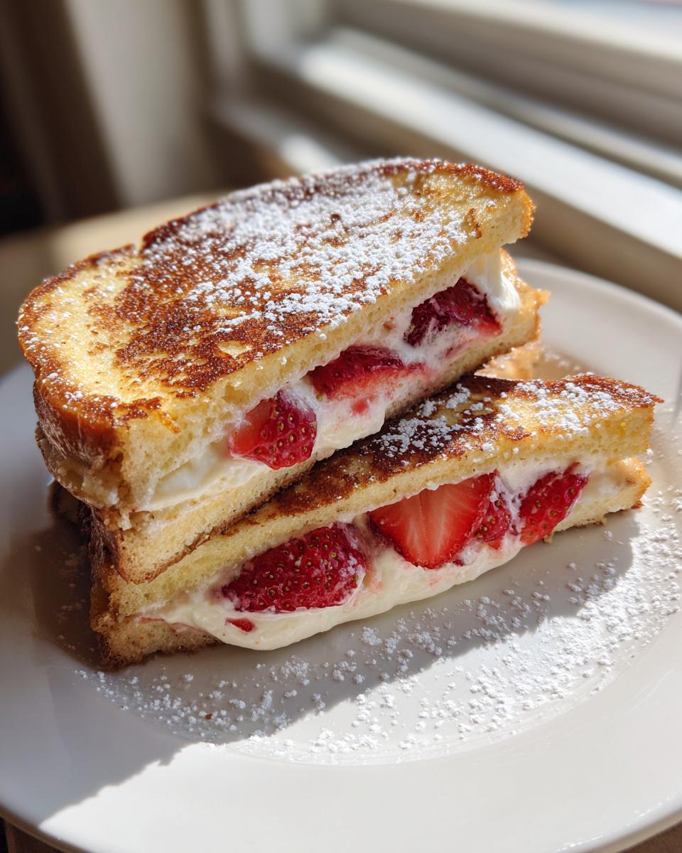Two halves of golden brown stuffed french toast filled with cream cheese and fresh strawberries, dusted with powdered sugar.