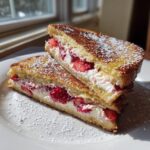 Two halves of decadent stuffed french toast filled with cream cheese and strawberries, dusted with powdered sugar.