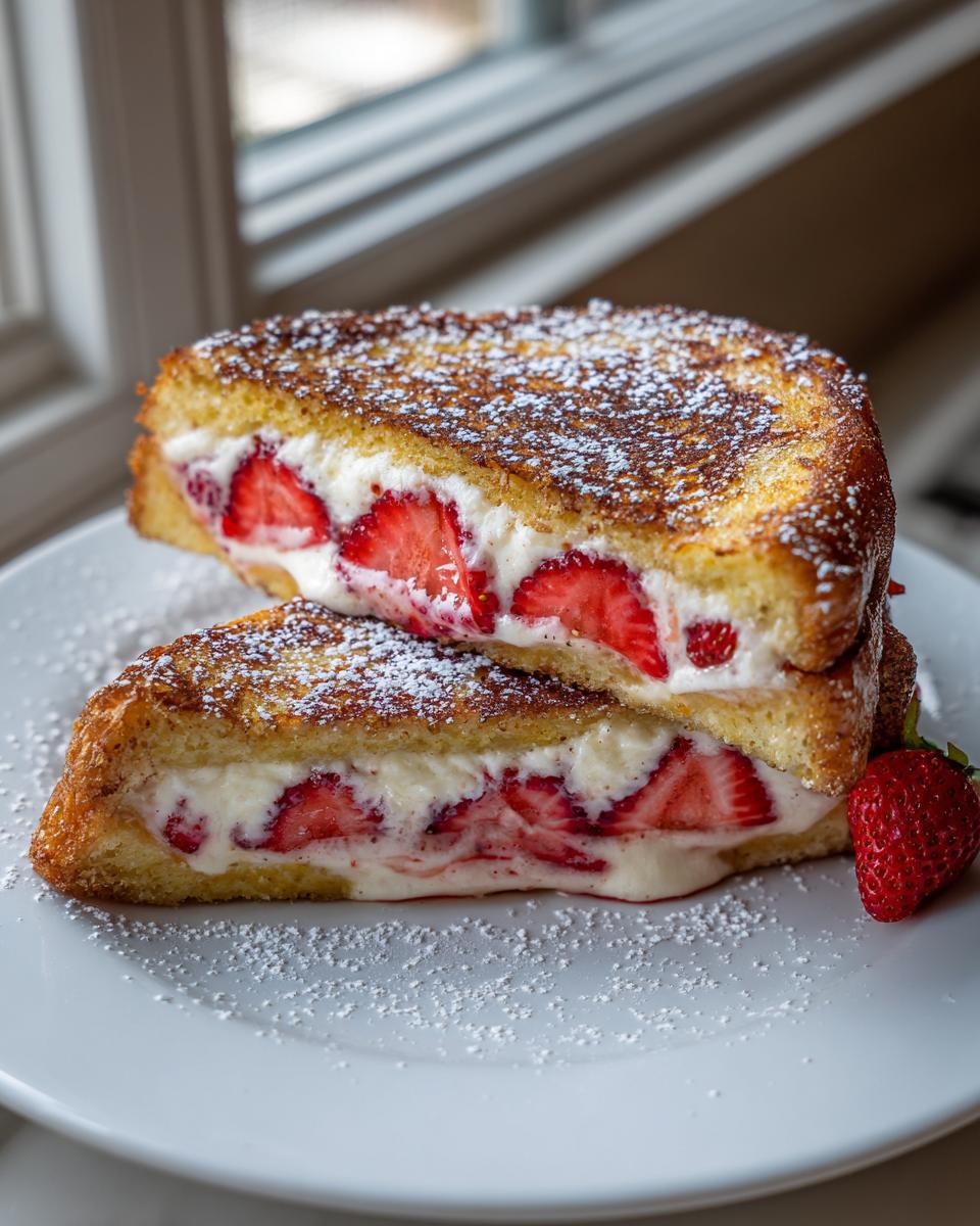 Two halves of stuffed french toast stacked, showing a creamy filling with sliced strawberries, dusted with powdered sugar.
