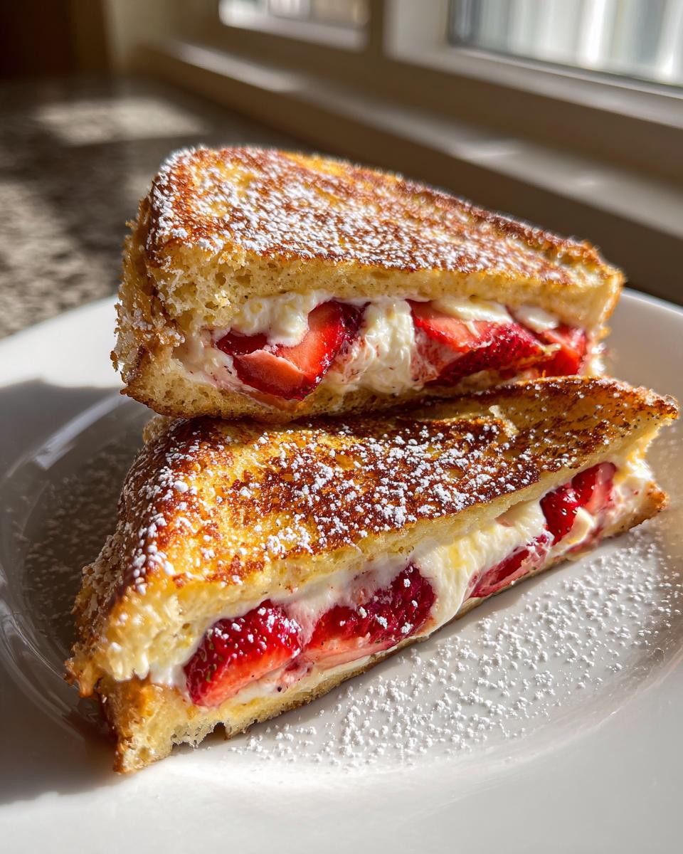 Two halves of stuffed french toast stacked, showing creamy filling and sliced strawberries, dusted with powdered sugar.
