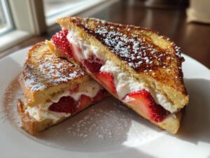 Two halves of golden brown stuffed french toast filled with cream cheese and sliced strawberries, dusted with powdered sugar.