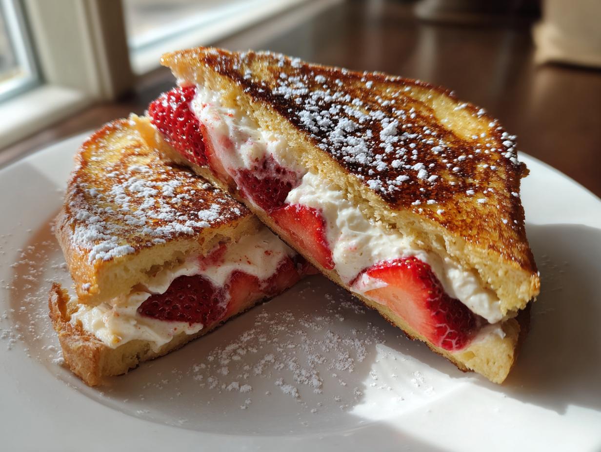 Two halves of golden brown stuffed french toast filled with cream cheese and sliced strawberries, dusted with powdered sugar.