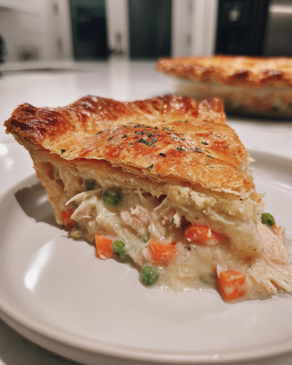 A close-up slice of creamy turkey pot pie recipe showing shredded turkey, carrots, and peas under a golden, flaky puff pastry crust.