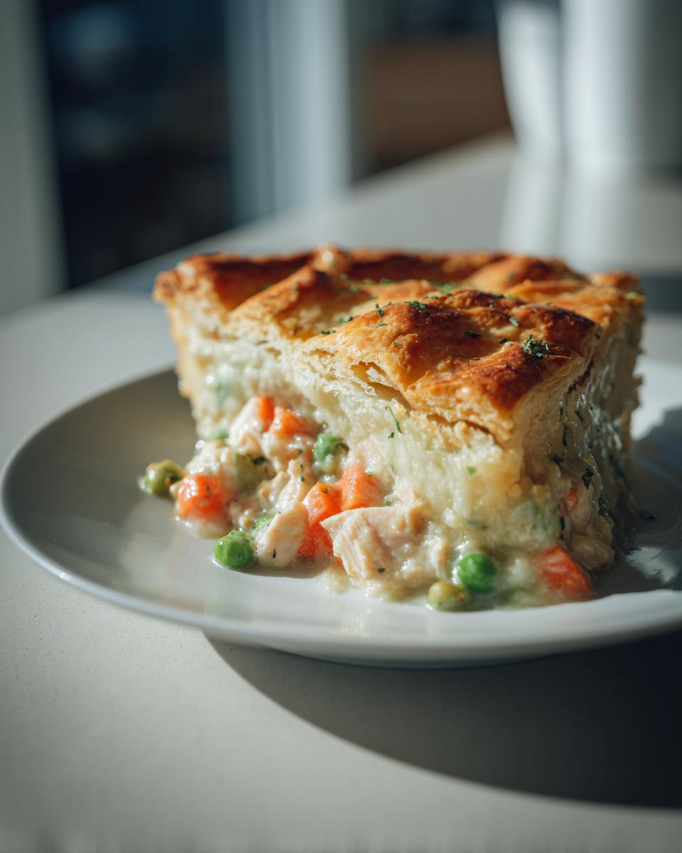 A close-up of a thick slice of turkey pot pie recipe showing flaky crust and creamy filling with turkey chunks, carrots, and peas.