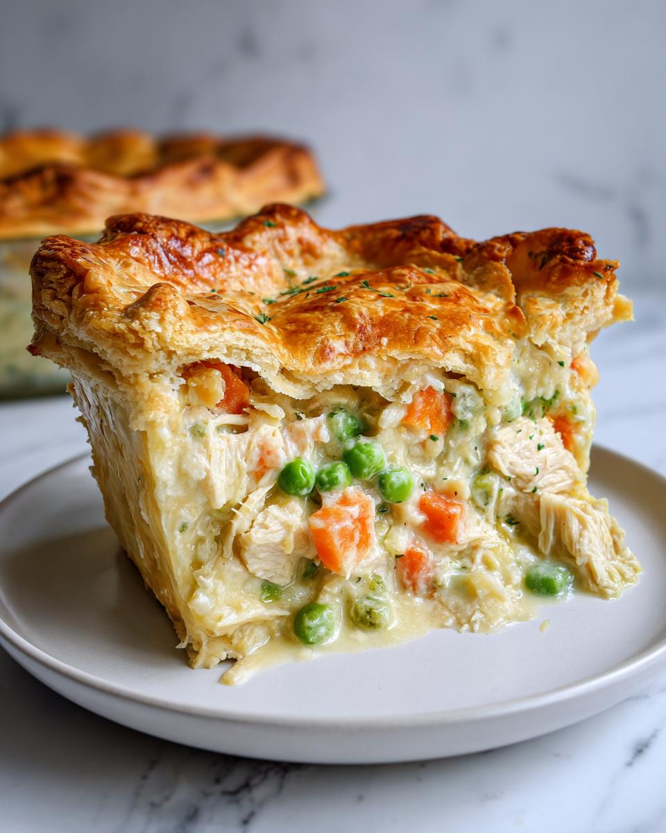A tall, thick slice of turkey pot pie recipe showing creamy filling with chicken, peas, and carrots under a golden, flaky crust.