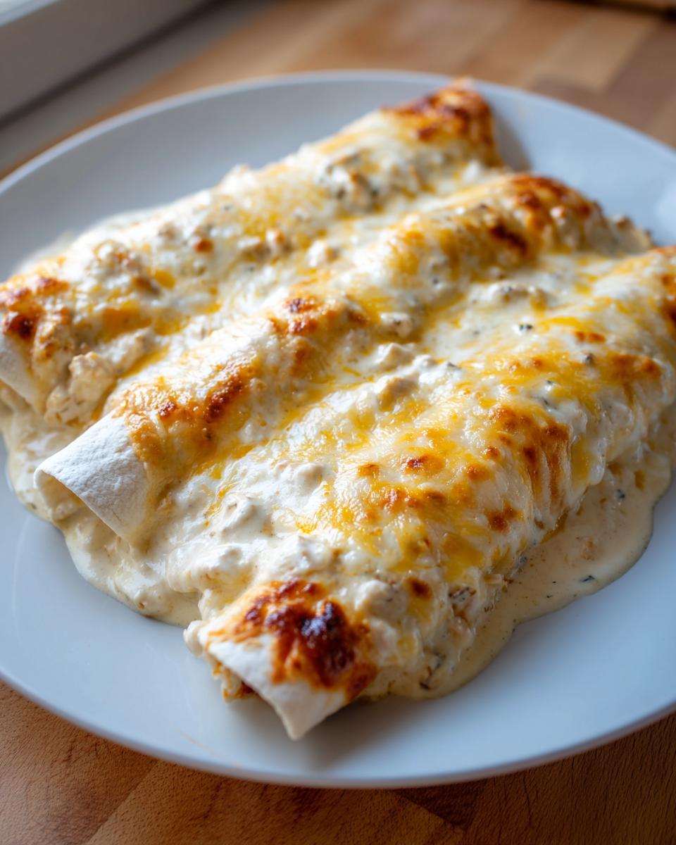 Three rolled white chicken enchiladas smothered in creamy sauce and topped with bubbly, browned cheese.