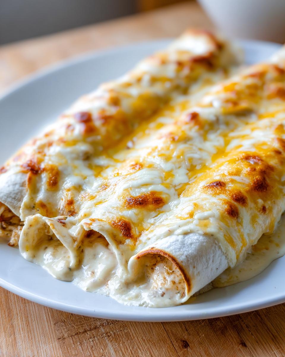 Close-up of two rolled white chicken enchiladas smothered in creamy white sauce and melted, golden-brown cheese.