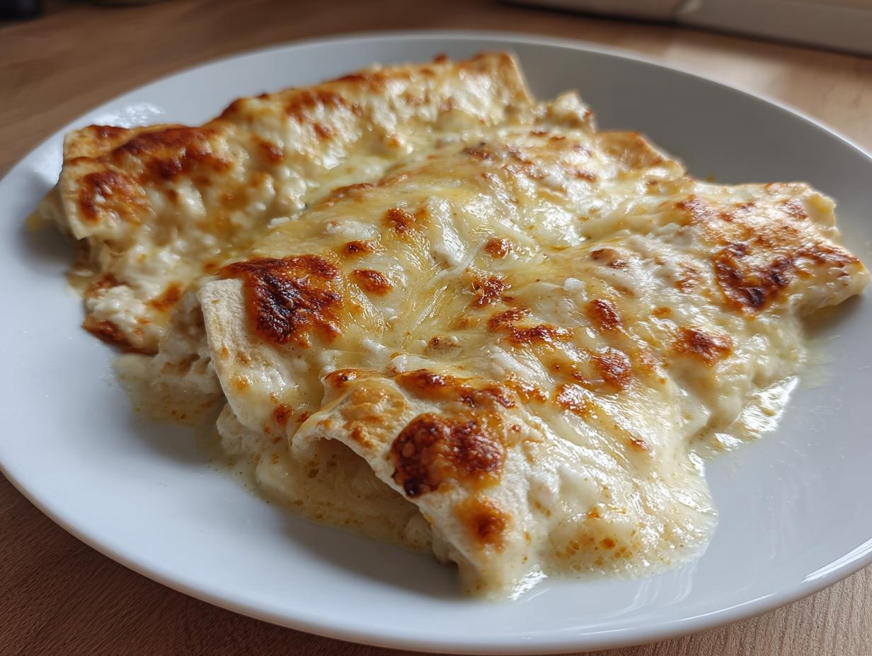 Close-up of creamy white chicken enchiladas smothered in melted, bubbly, and slightly browned cheese sauce.