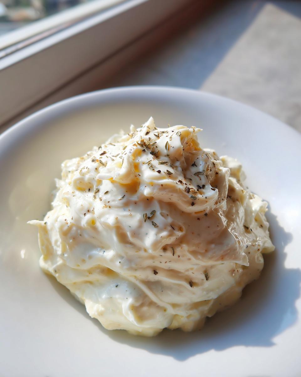 A close-up of a dollop of thick, creamy white pizza sauce seasoned with dried herbs in a white bowl.