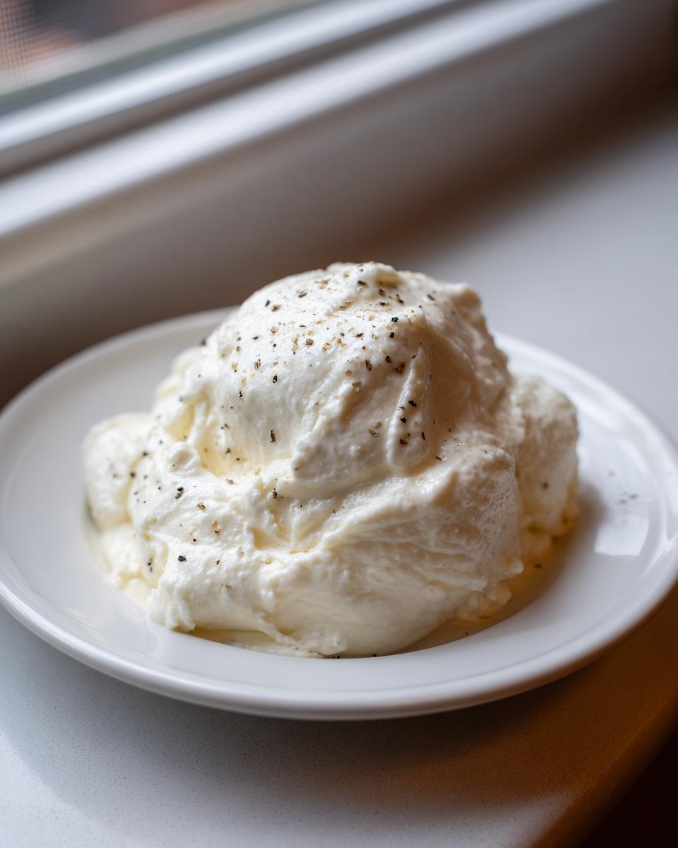 A dollop of creamy, thick white pizza sauce seasoned with cracked black pepper, served on a white plate.