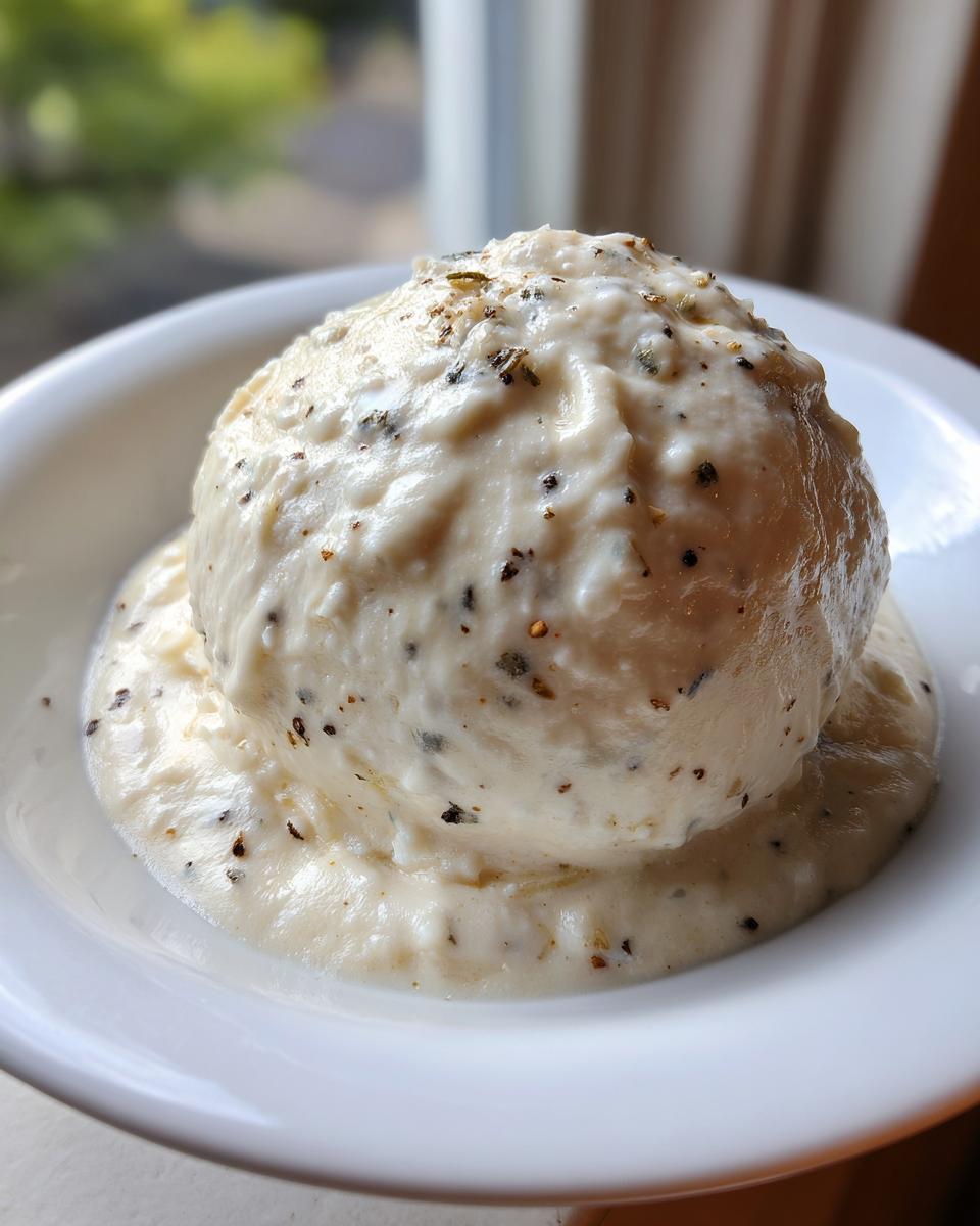 A scoop of thick, creamy white pizza sauce seasoned with visible black pepper and dried herbs in a white bowl.