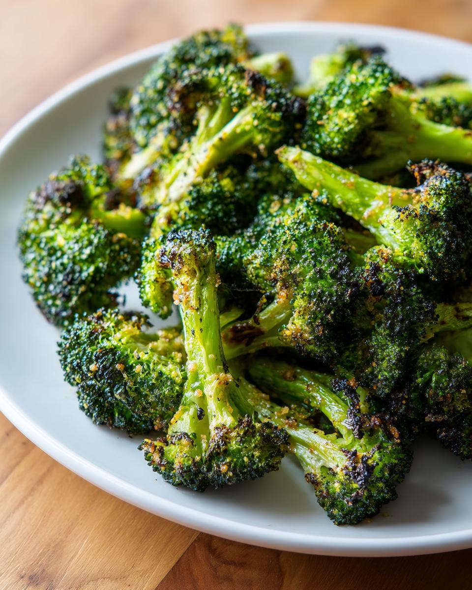 Close-up of perfectly cooked roasted broccoli florets with charred edges served on a white plate.
