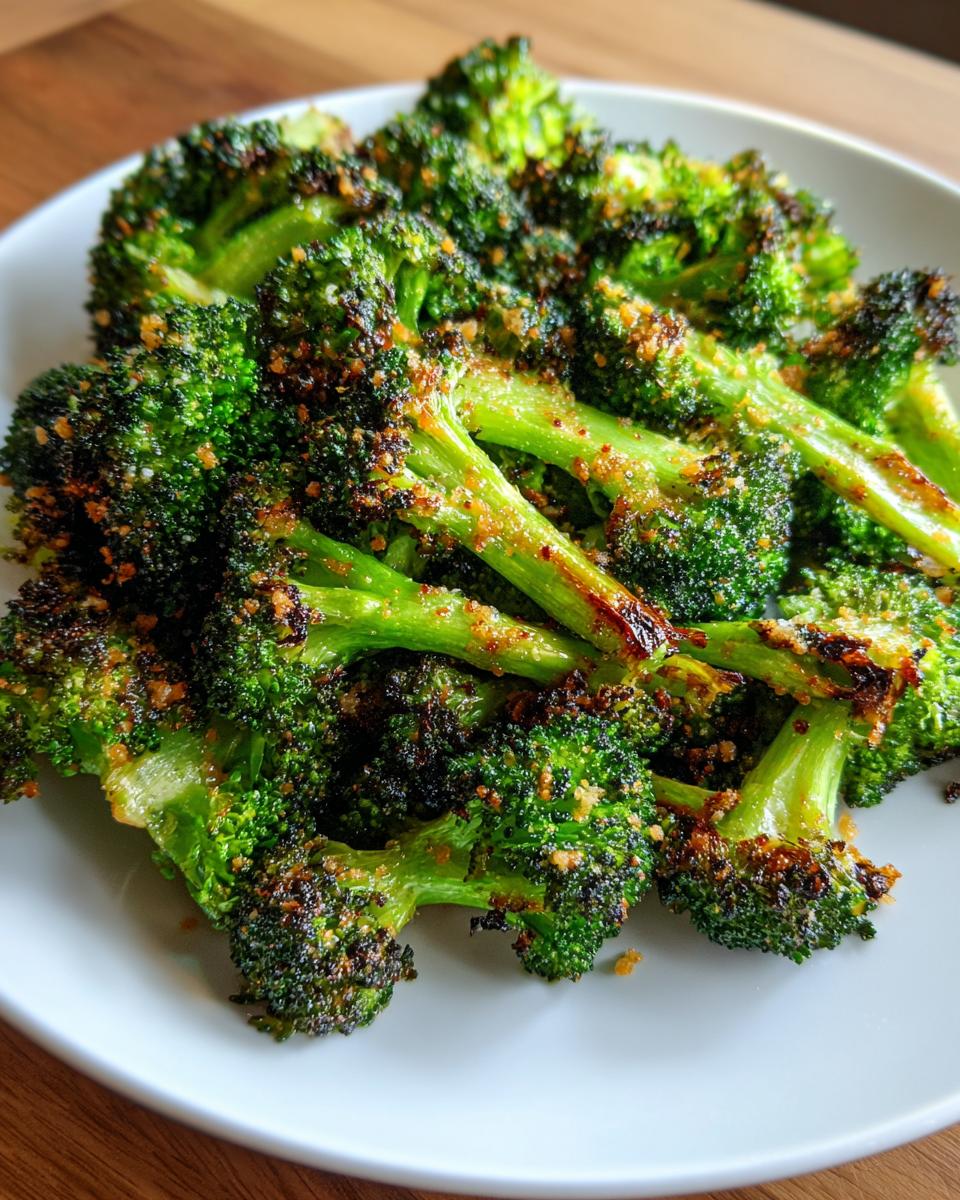 Close-up of vibrant green roasted broccoli florets seasoned with crispy brown bits, served on a white plate.