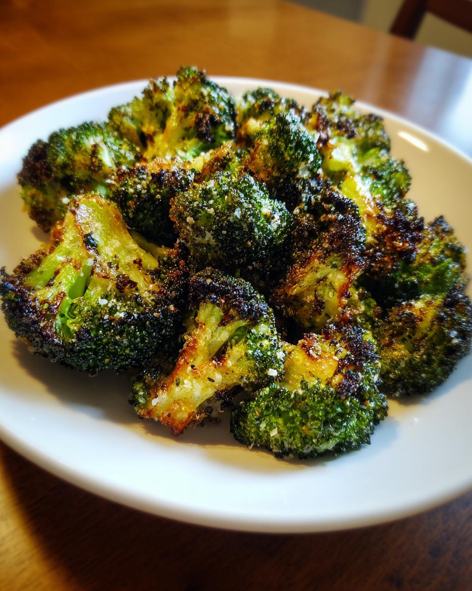 Close-up of perfectly roasted broccoli florets sprinkled with Parmesan cheese on a white plate.