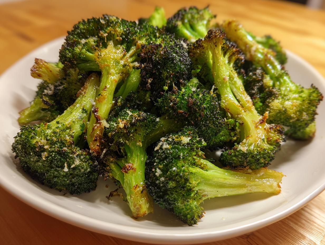 A close-up of perfectly roasted broccoli florets sprinkled with Parmesan cheese on a white plate.
