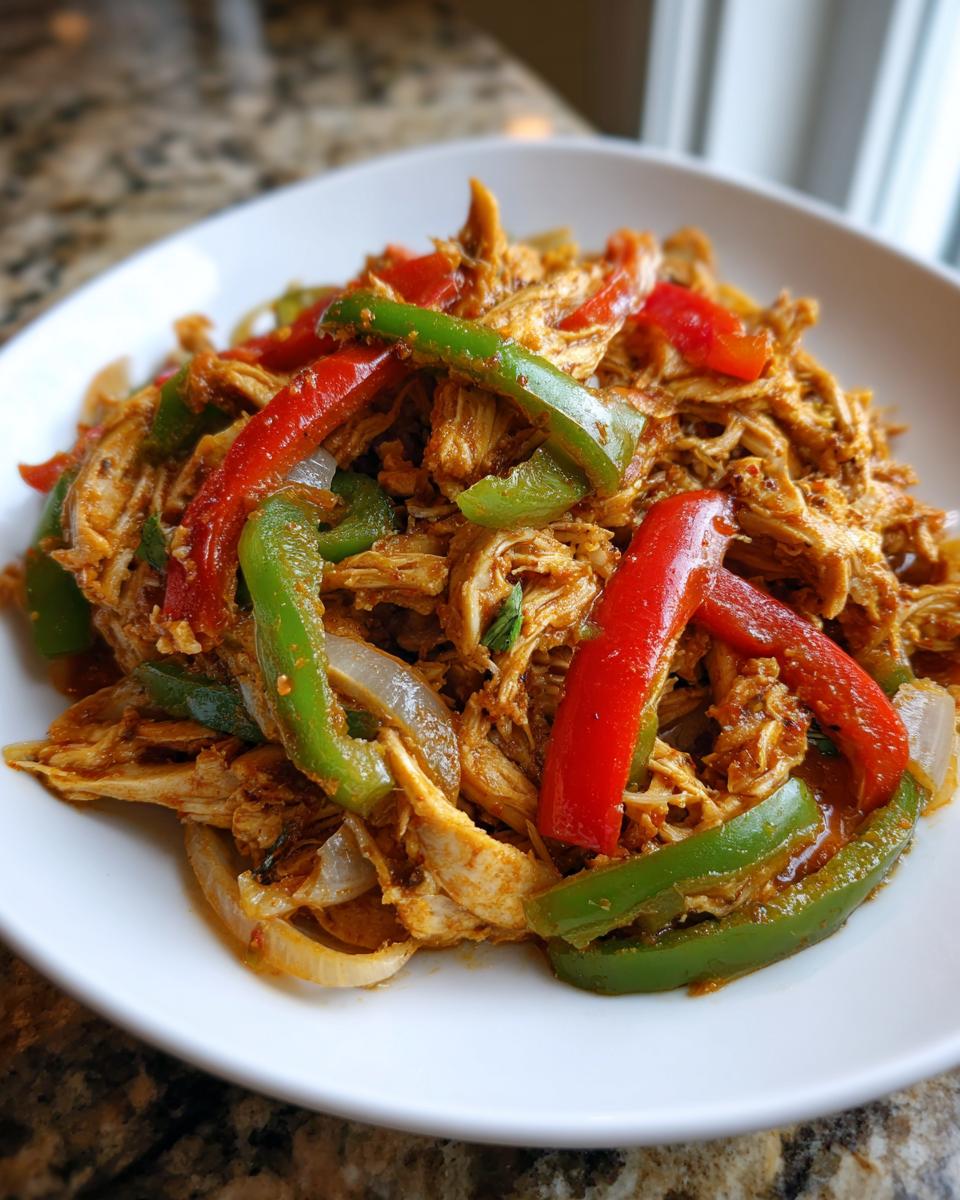 A close-up of shredded crockpot chicken fajitas mixed with vibrant red and green bell peppers and onions on a white plate.