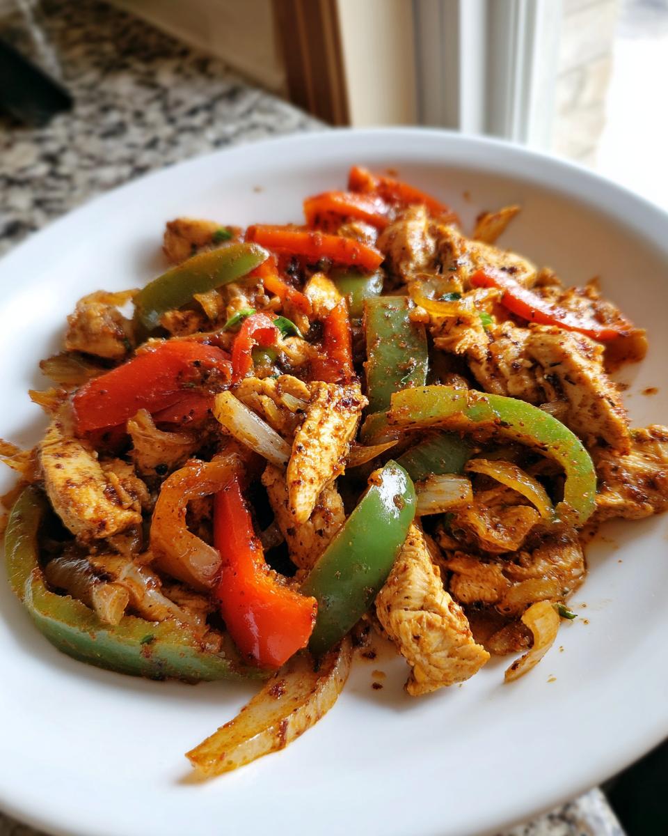 Close-up of seasoned chicken strips, red and green bell peppers, and onions from crockpot chicken fajitas served on a white plate.