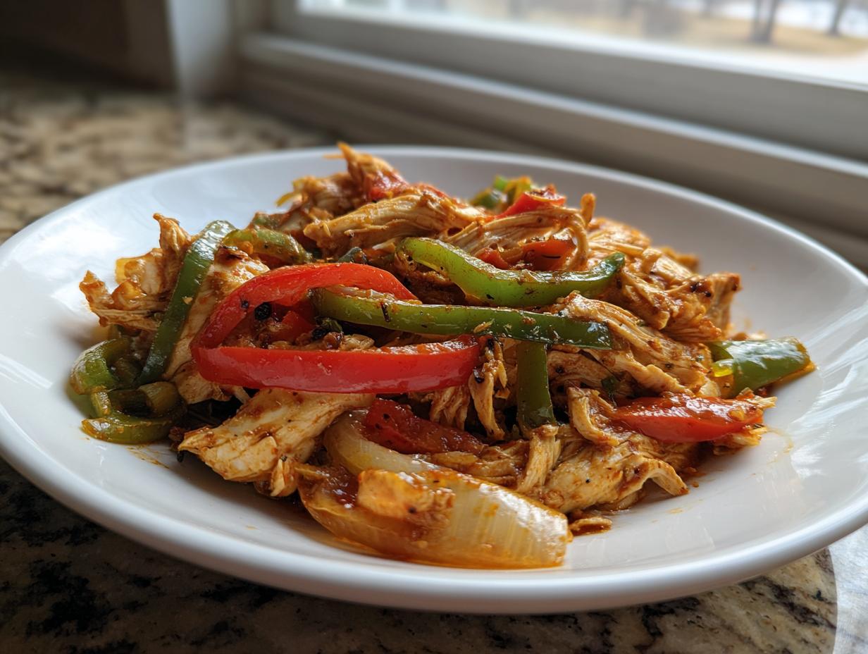 A white bowl filled with shredded chicken, red and green bell peppers, and onions from crockpot chicken fajitas.