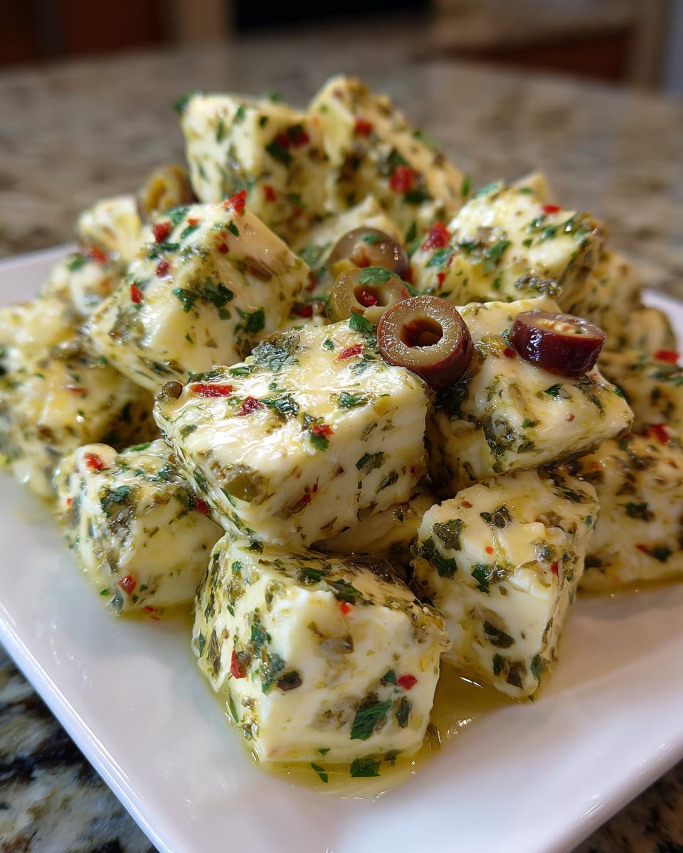 Close-up of cubed marinated cheese tossed in oil, herbs, and red pepper flakes, garnished with sliced green olives.